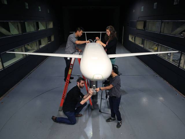 The double bubble D8 airliner concept in the 14 by-22-Foot Subsonic Wind Tunnel at NASA's Langley Research Center.