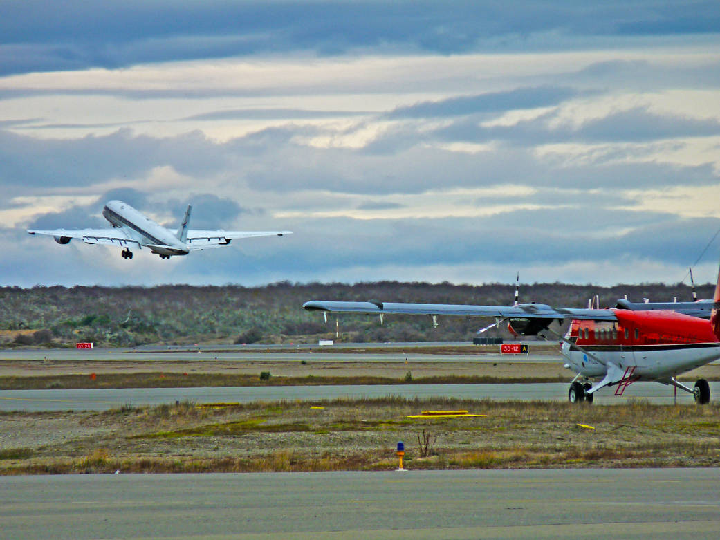 NASA’s DC-8 taking off from the Punta Arenas, Chile, airport on Oct. 16, 2014 on its way to survey Wendell sea ice.