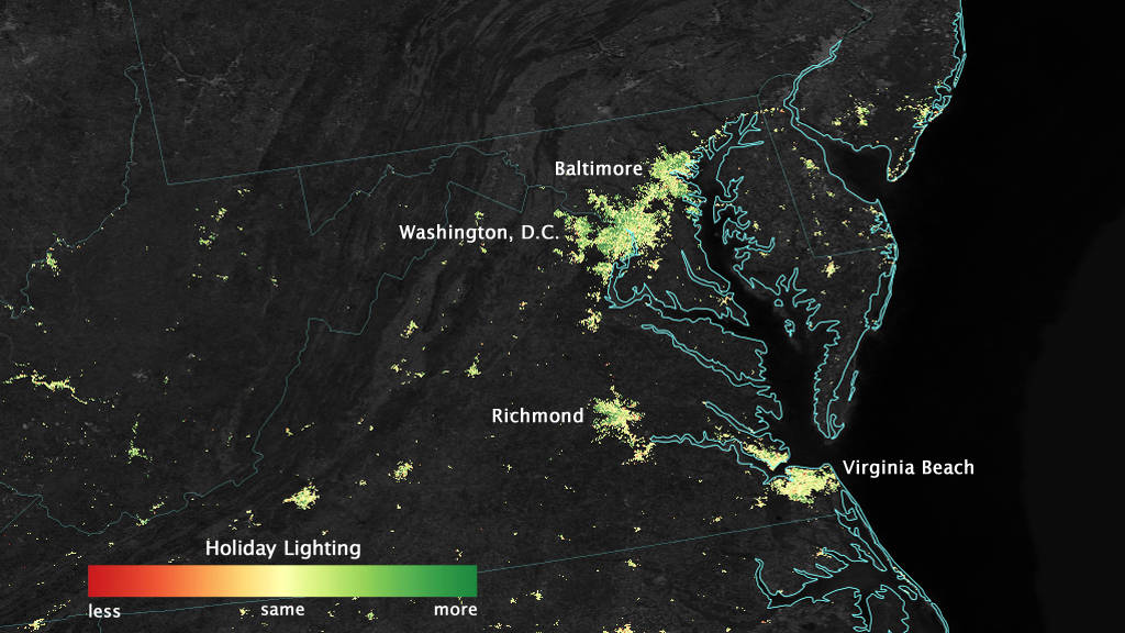 map of D.C.-Baltimore region showing relative brightness of lights