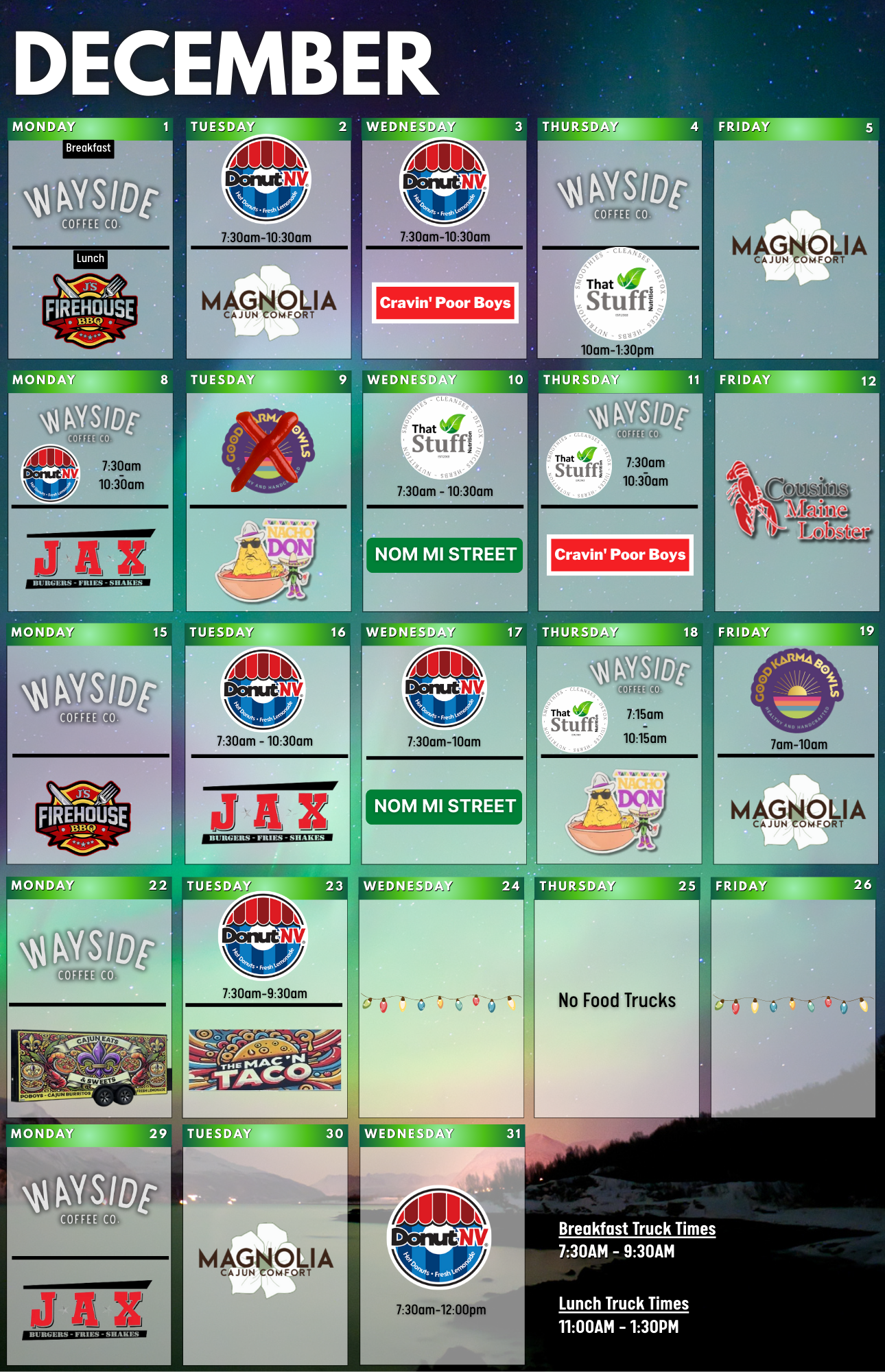 December 2025 Food Truck Schedule for JSC B11.