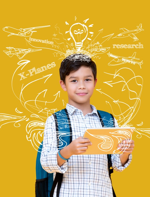 A middle-school male student in front a yellow background, wearing a backpack and holding a tablet. Around him are drawings of arrows and a lightbulb, airplanes.