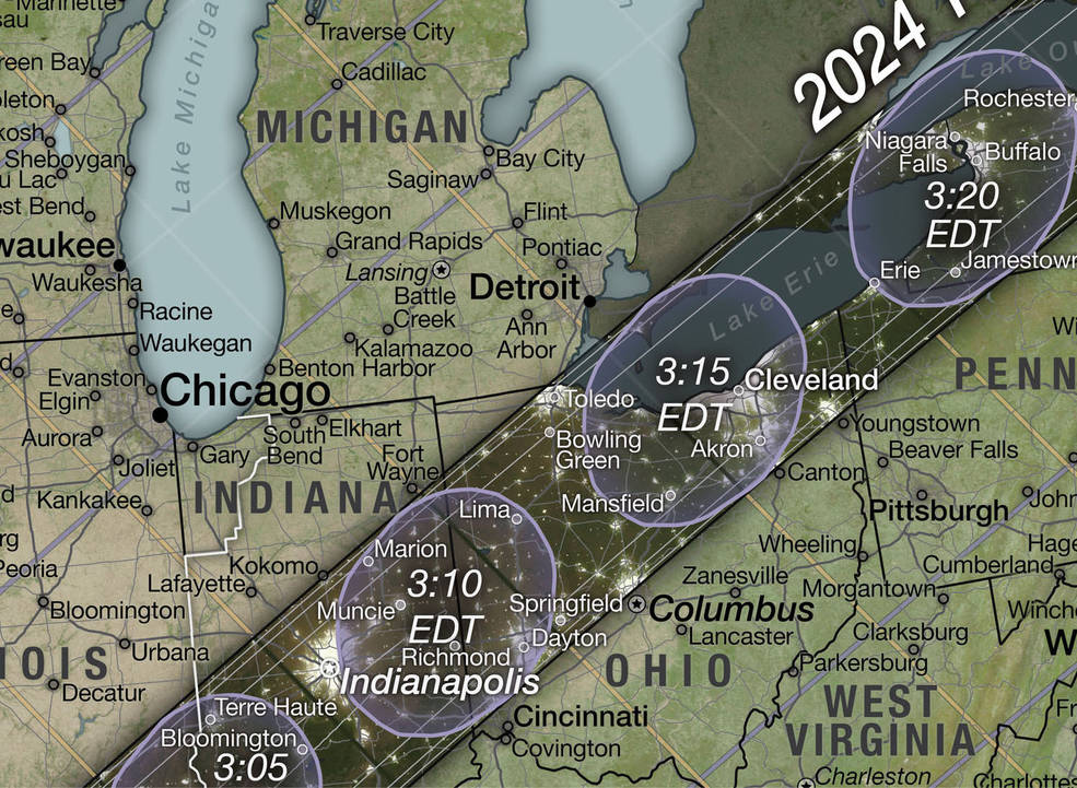 A close-up view of the map shows the 2024 total solar eclipse path over the states of Indiana, Ohio, Pennsylvania, and New York.