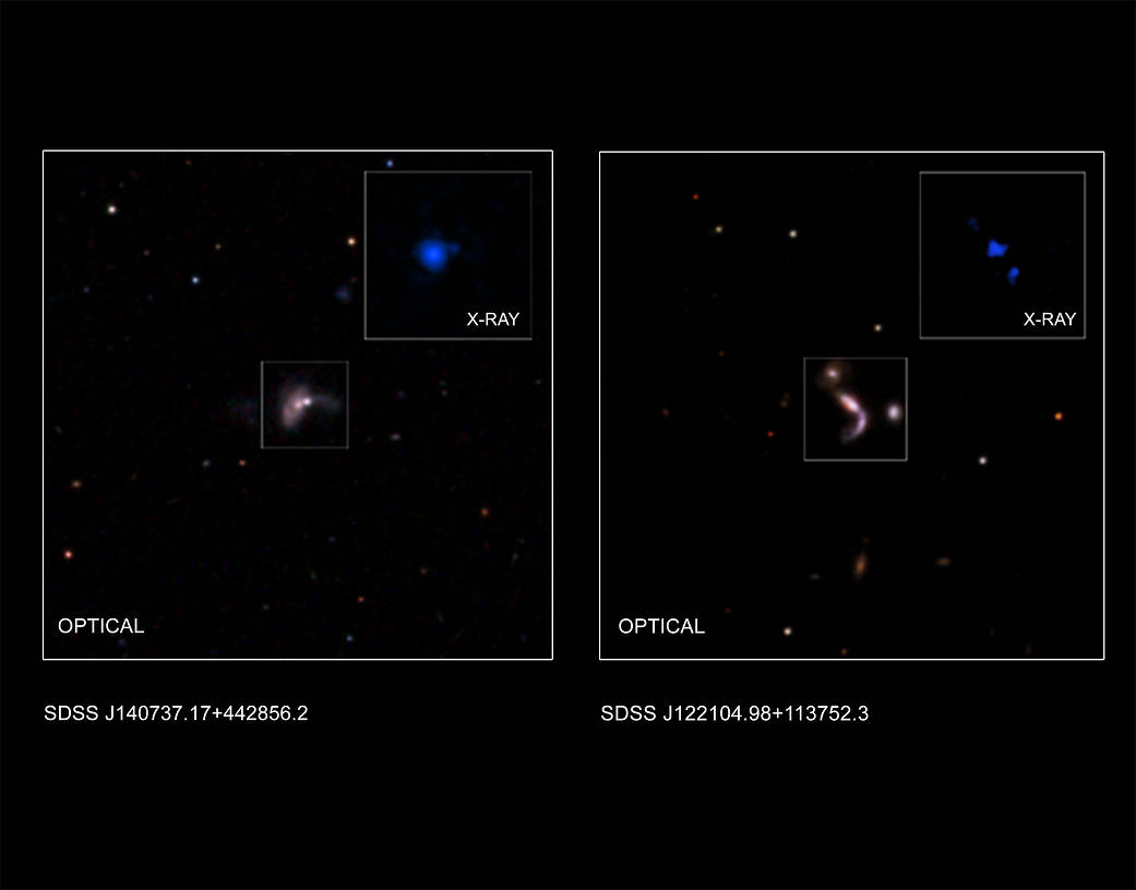 This graphic shows two of five new pairs of supermassive black holes recently identified by astronomers.