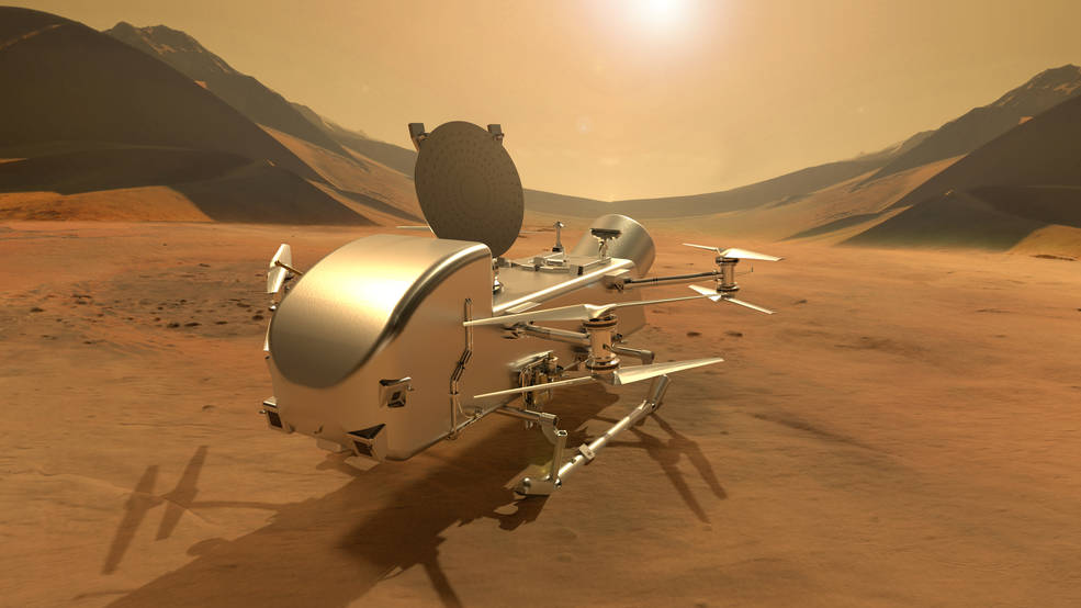 Artist’s impression of the Dragonfly rotorcraft-lander on the surface of Titan