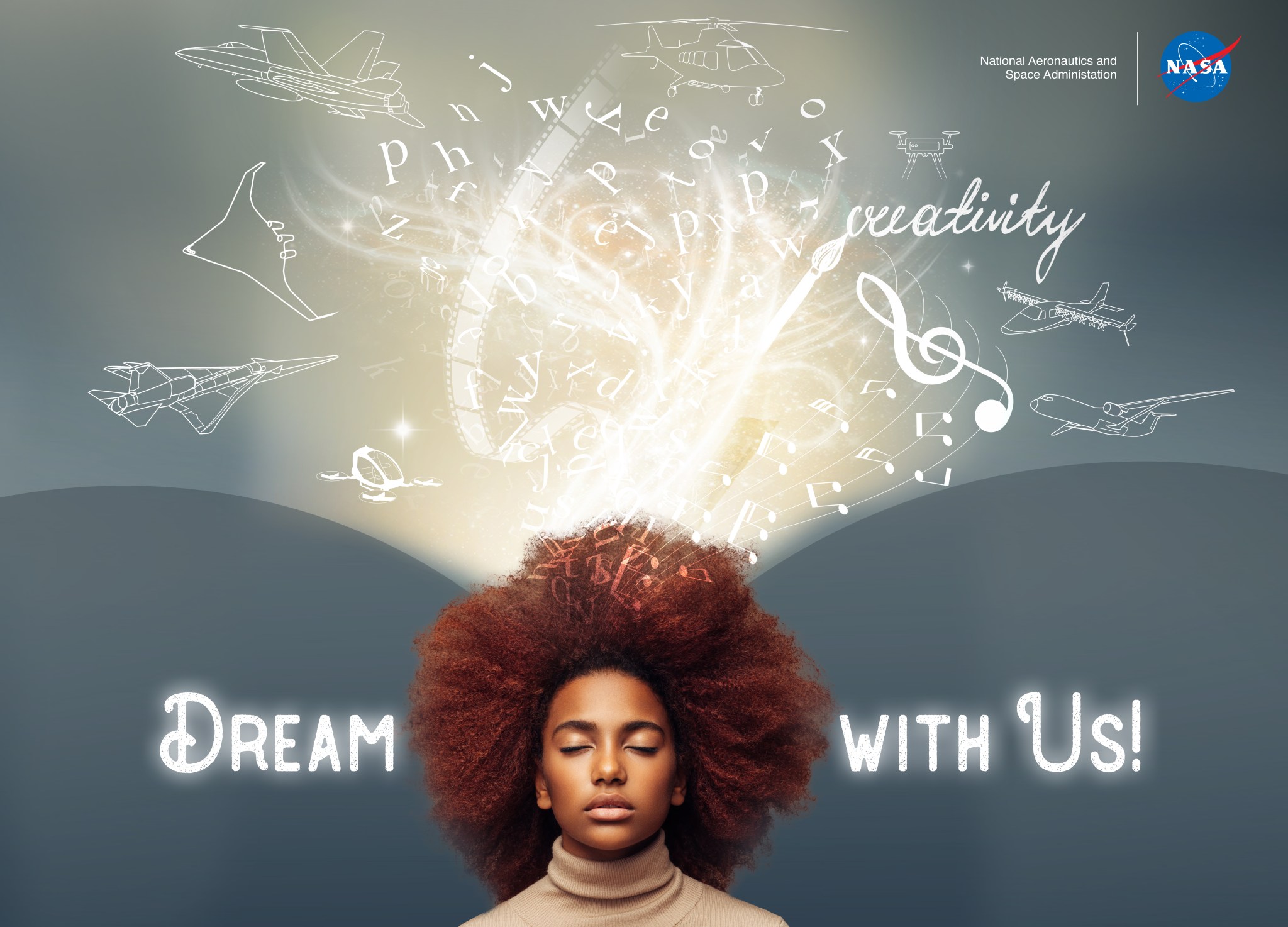 Dream with Us graphic, showing a female African American dreaming up aeronautics ideas.