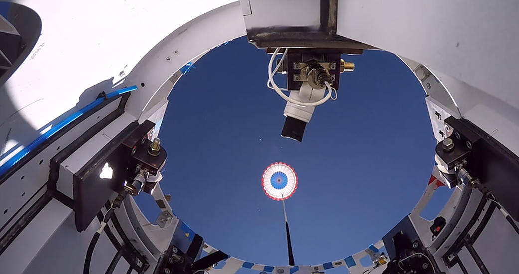 A reused drogue parachute deploys from Boeing’s CST-100 Starliner test article 