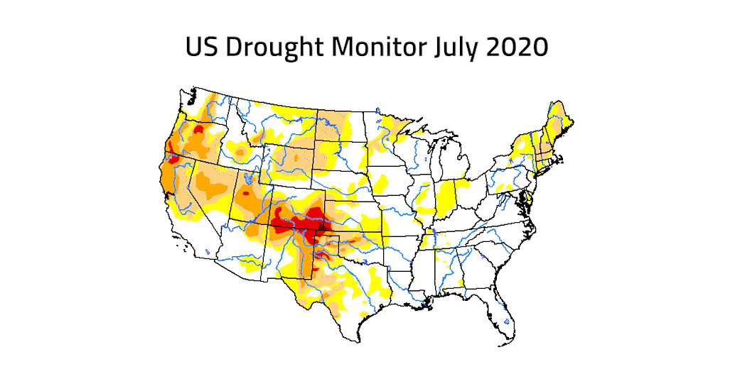 Animation of map of US showing drought in July 2020 and July 2021.