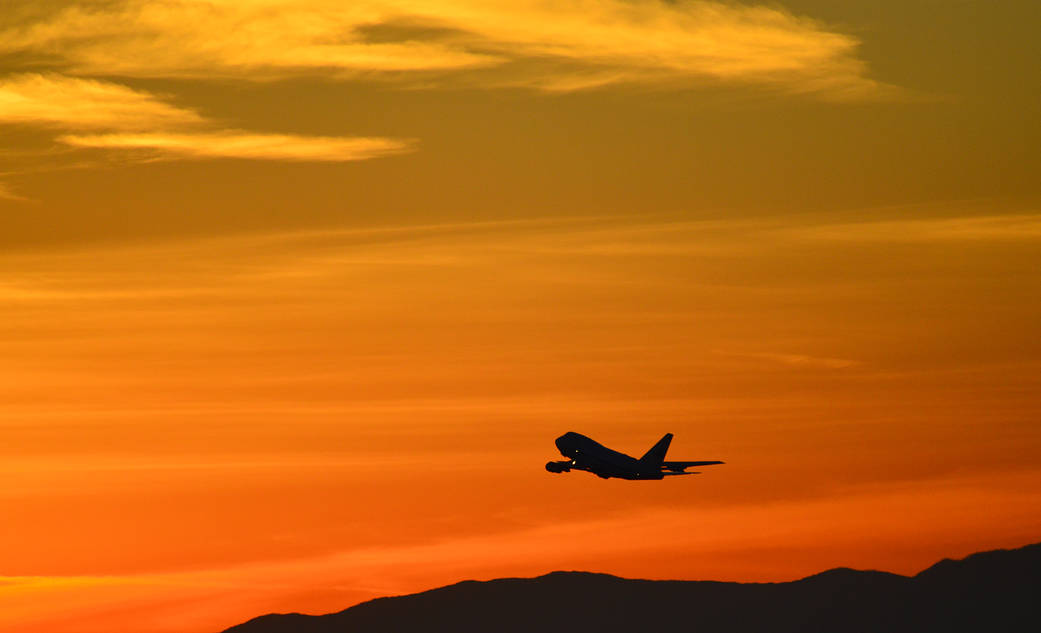 NASA's Stratospheric Observatory for Infrared Astronomy (SOFIA) takes off from home base in Palmdale, California at sunset. The 