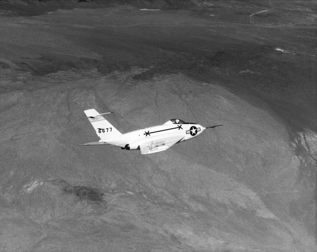 The NACA High-Speed Flight Research Station X-4 research aircraft is seen in this 1950s in-flight close-up photograph