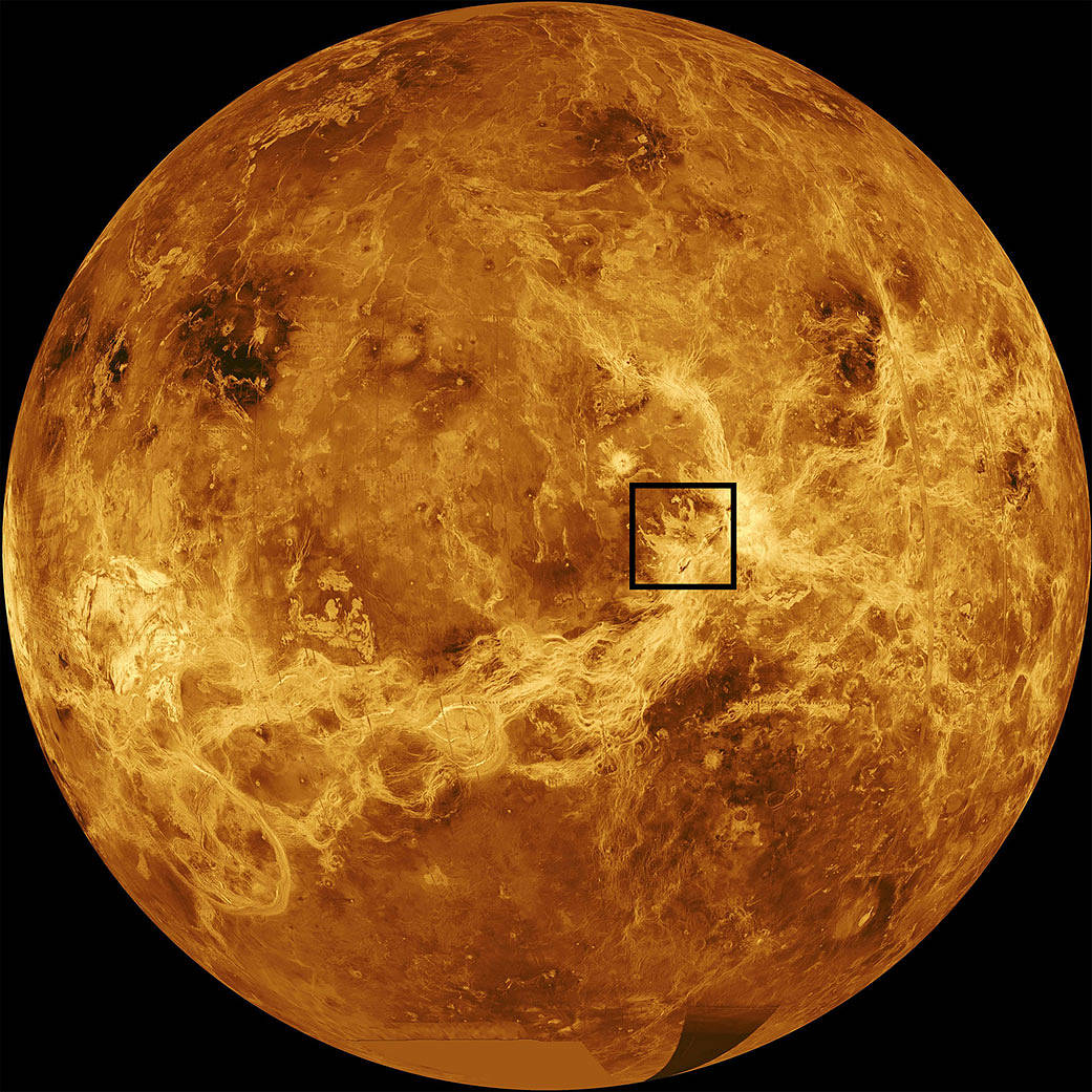 This annotated, computer-simulated global map of Venus’ surface is assembled from data from NASA’s Magellan and Pioneer Venus Orbiter mission