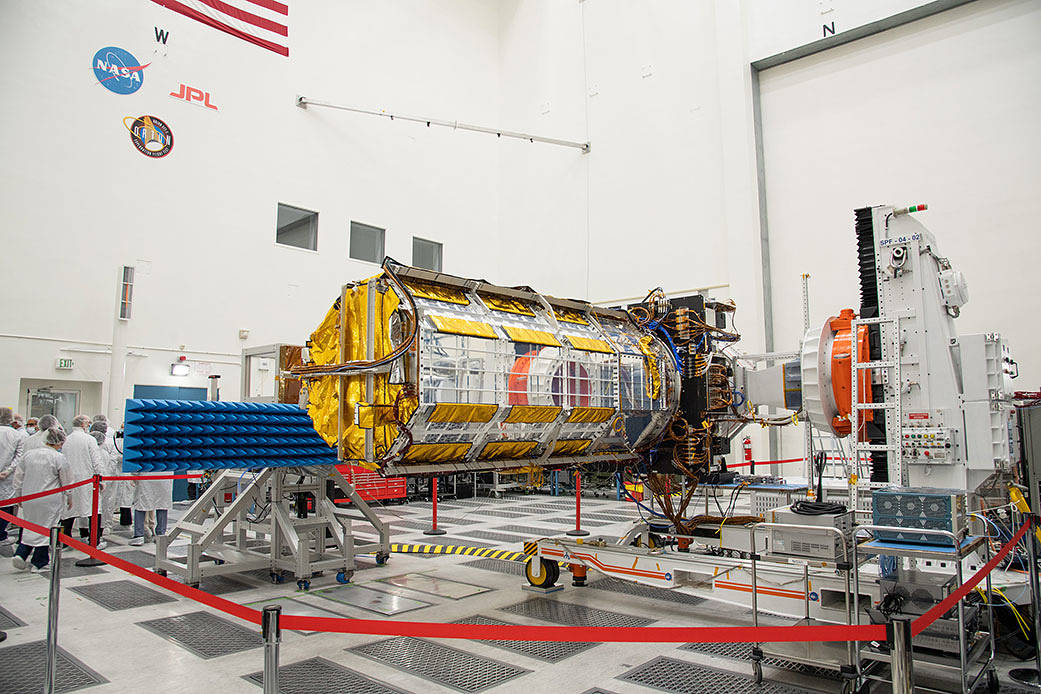 Officials from NASA, ISRO, and the Indian Embassy visit a JPL clean room