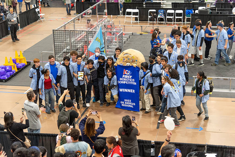 Part of the winning alliance, JPL-sponsored Team 702 (“Bagel Bytes”) from Culver City High School 