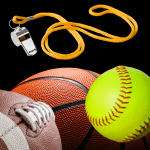 a football, a softball, a basketball, and a whistle in front of a black background
