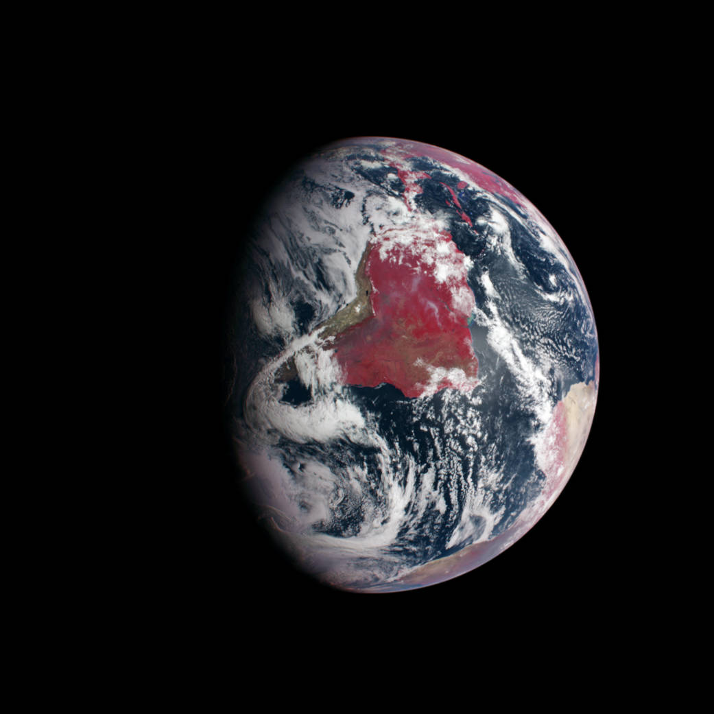 South America and portions of North America and Africa are shown in this false-color image from NASA's MESSENGER spacecraft 