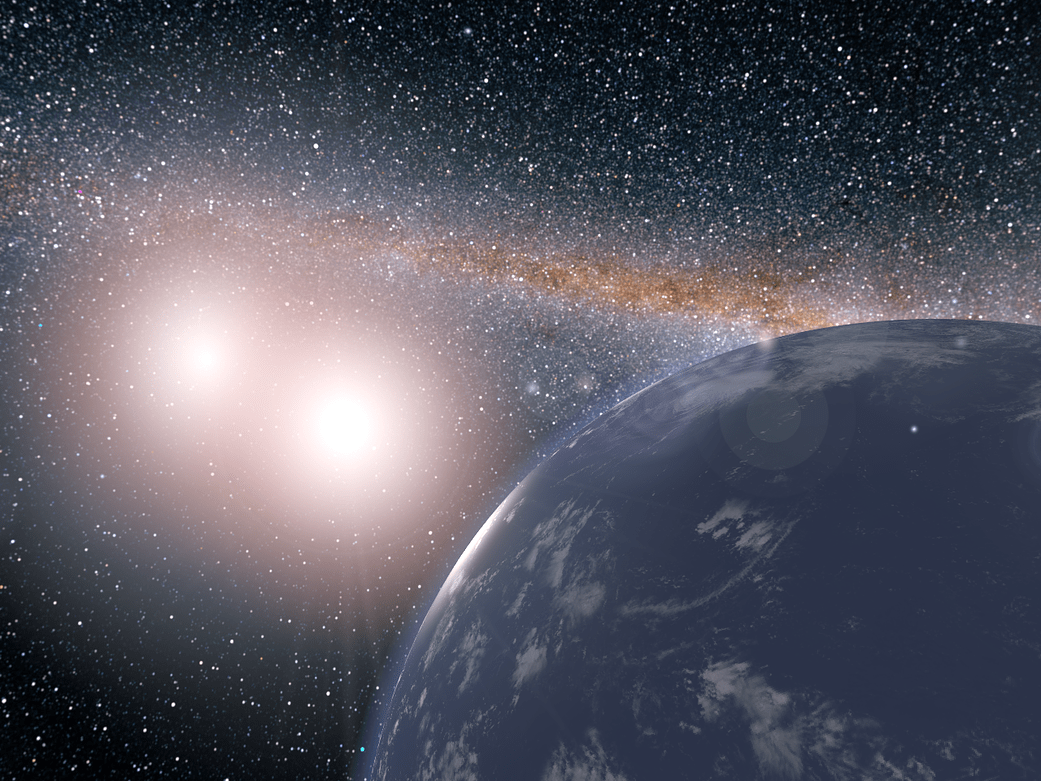 Artist's concept shows a hypothetical planet covered in water around the binary star system