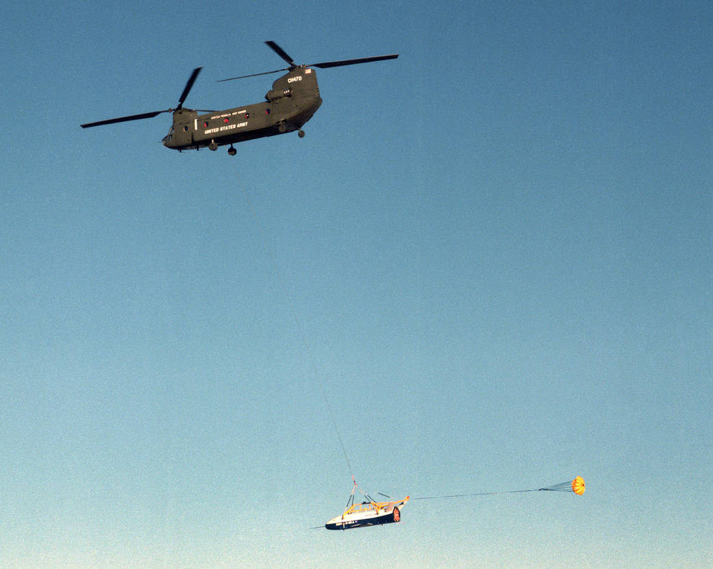 The X-40 sub-scale technology demonstrator is suspended under a U.S. Army CH-47.