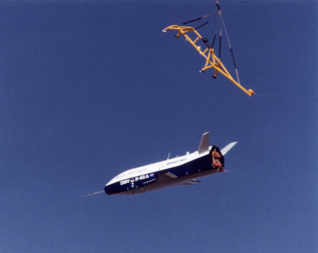 The X-40A immediately after release from its harness suspended from a helicopter 15,000 feet above NASA's Dryden.