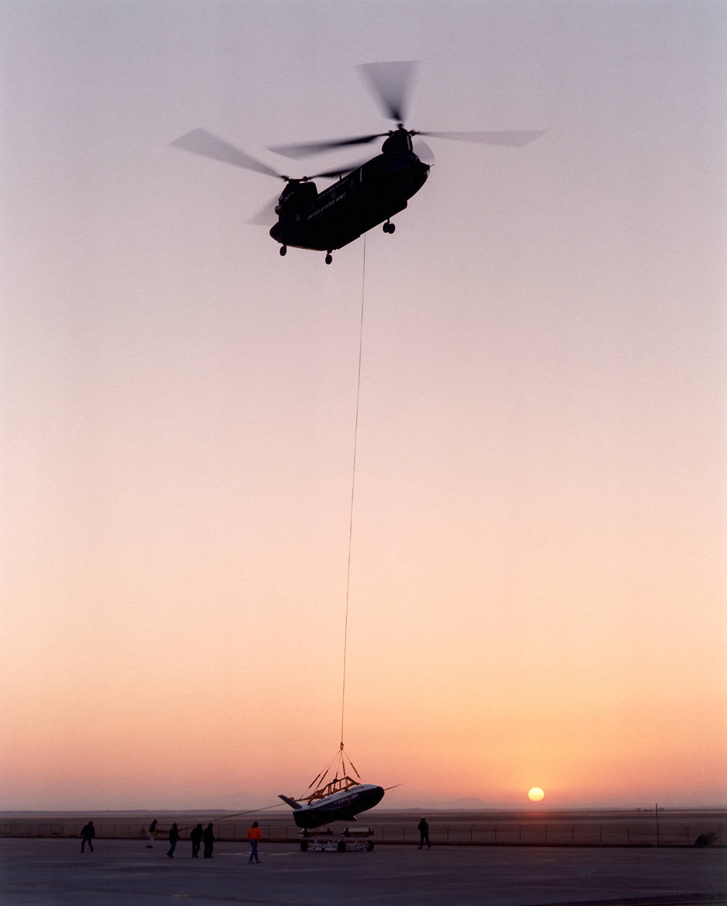 X-40A being lifted by CH-47 helicopter for test flight number 7.