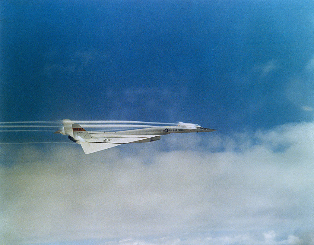 The North American Aviation XB-70 triple-sonic bomber prototype aircraft No. 1 in flight.