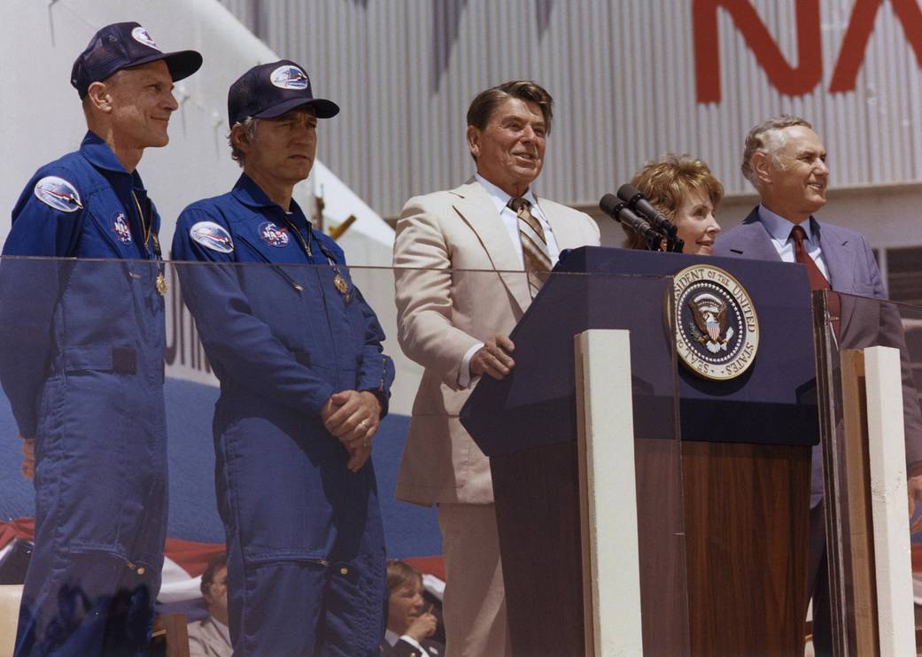 President Ronald Reagan addressing more than 45,000 people following STS-4.