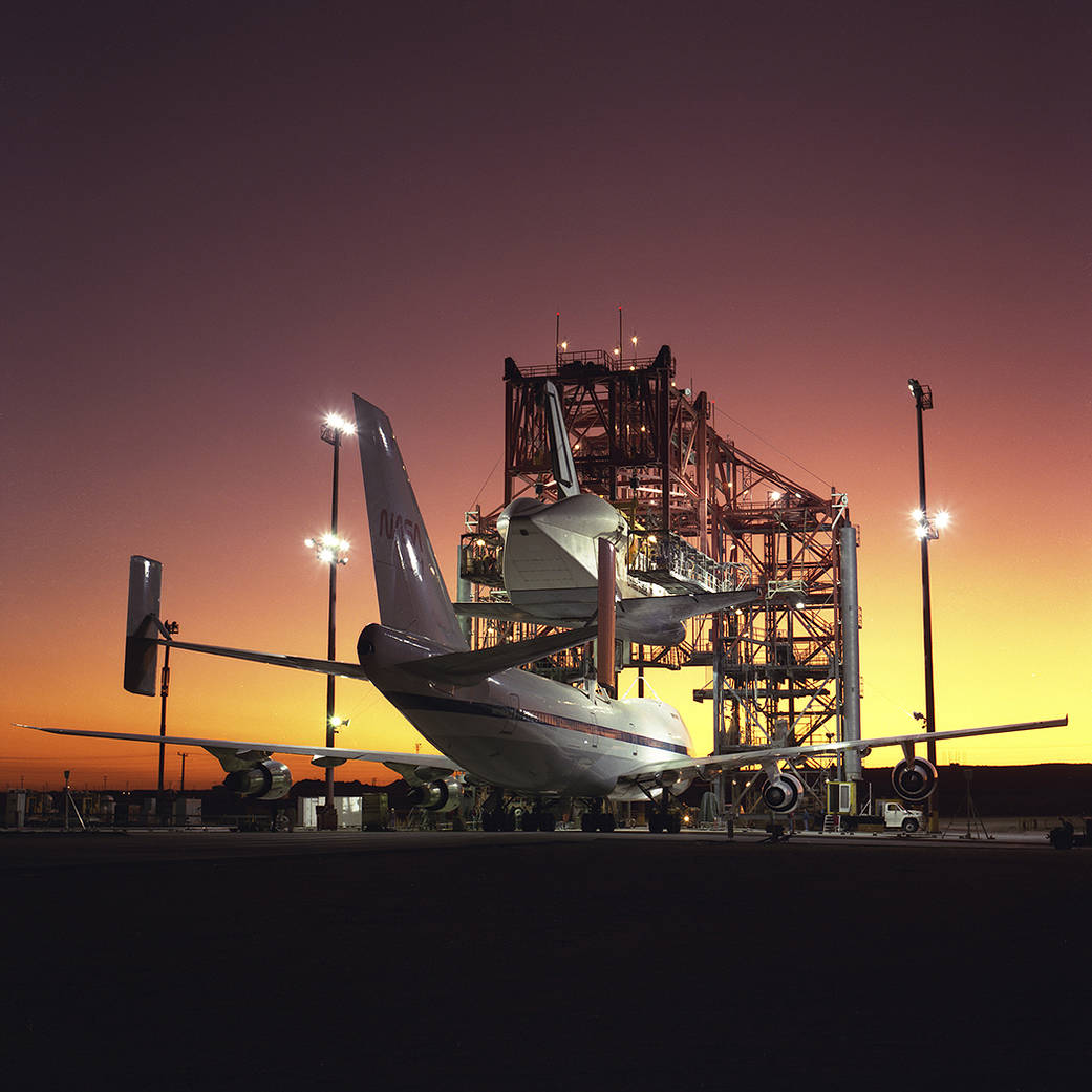Shuttle Atlantis mounted to Boeing 747 Shuttle Carrier Aircraft.