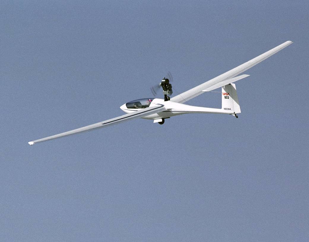 NASA's PIK-20E motor-glider sailplane is seen during a research flight from the Ames-Dryden Flight Research Facility.