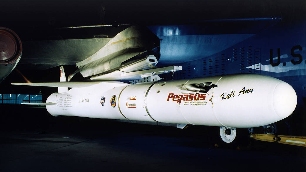 Pegasus rocket mated under the wing of the B-52 mothership.