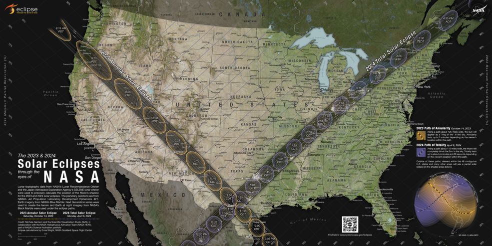 A map shows the 48 contiguous U.S. states with two dark bands running across it. One band, labeled u00222023 Annular Solar Eclipse,u0022 crosses states from Oregon to Texas. The other band, labeled u00222024 Total Solar Eclipse,u0022 crosses states from Texas to Maine.