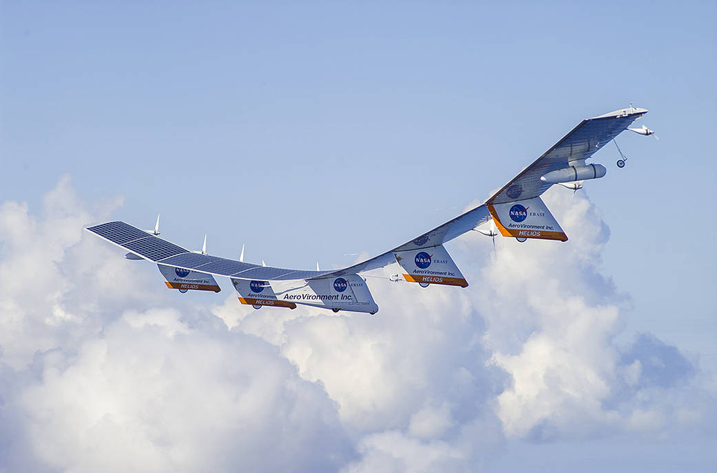 The AeroVironment Helios high-altitude, solar-powered aircraft flies in Kauai, Hawaii