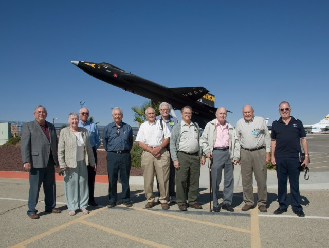 Veterans of the X-15 flight research program, most of them now retired, reunited at Dryden on the 40th anniversary of the last X-15 flight on Oct. 24, 1968 for a historical colloquium on the X-15 by noted aerospace historian and author Dennis Jenkins on Oct. 24, 2008. Gathered in front of the replica of X-15 #3 the were (from left) Johnny Armstrong, Betty Love, Paul Reukauf, Bob Hoey, Dave Stoddard, Dean Webb, Vince Capasso, Bill Dana (who flew the last flight), John McTigue and T.D. Barnes.