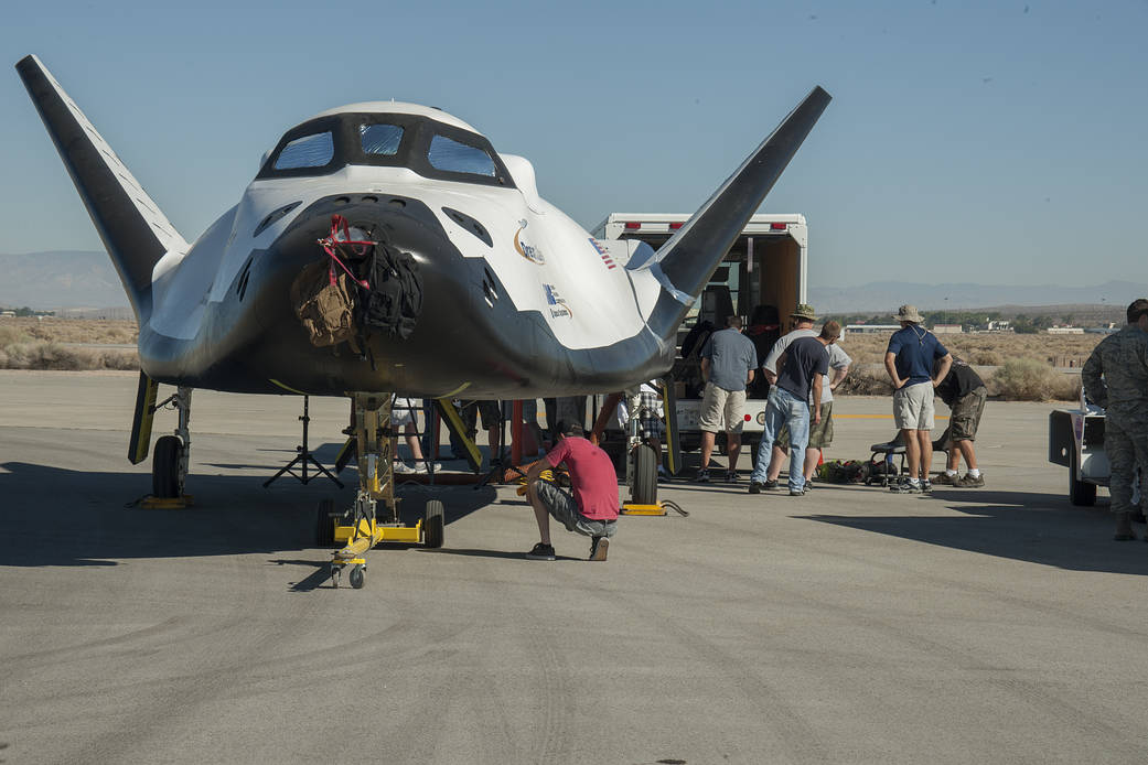 Sierra Nevada Corporation engineers and technicians prepare the firm's Dream Chaser engineering test vehicle for tow tests.