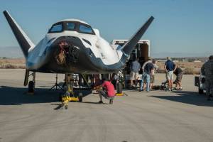 Sierra Nevada Corporation engineers and technicians prepare the firm's Dream Chaser engineering test vehicle for tow tests.