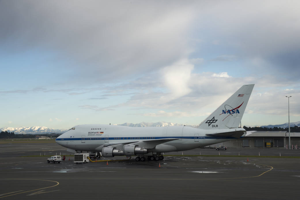 The Stratospheric Observatory for Infrared Astronomy 747SP is parked on the ramp at Christchurch, New Zealand following a storm 