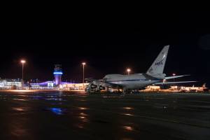 The SOFIA flying observatory taxis to the Christchurch, New Zealand, terminal after a nighttime flight to study celestial object