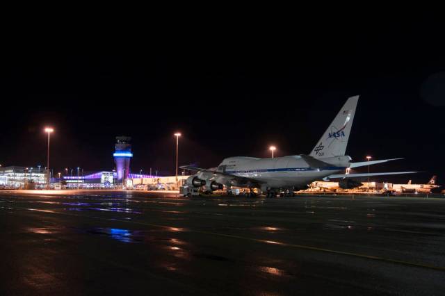 The SOFIA flying observatory taxis to the Christchurch, New Zealand, terminal after a nighttime flight to study celestial object