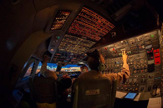 SOFIA’s flight crew prepare to takeoff, image from cockpit viewpoint.
