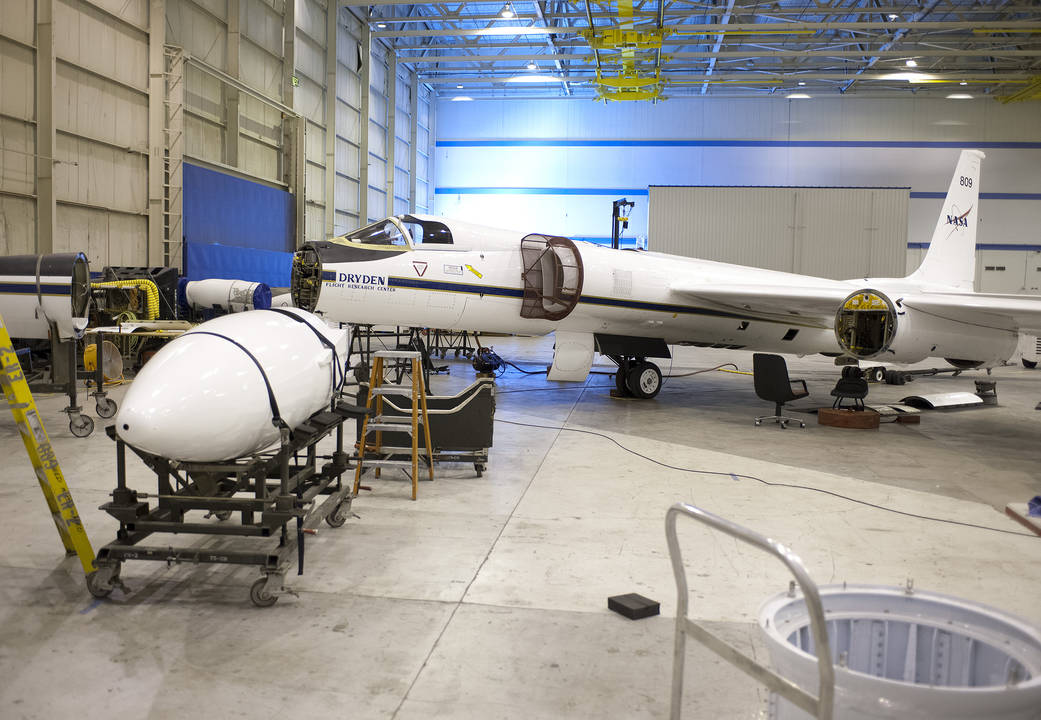 The equipment bays and wing pods of NASA's high-altitude ER-2 will carry 15 specialized instruments to study how the vertical co