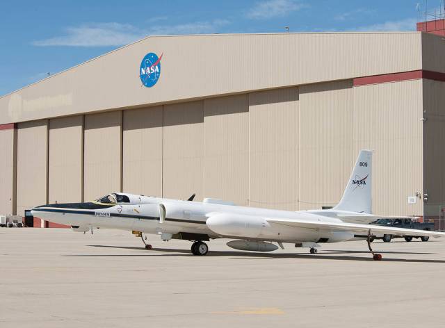 NASA's high-altitude ER-2 prepares for take off from the Dryden Aircraft Operations Facility in Palmdale. Calif. 