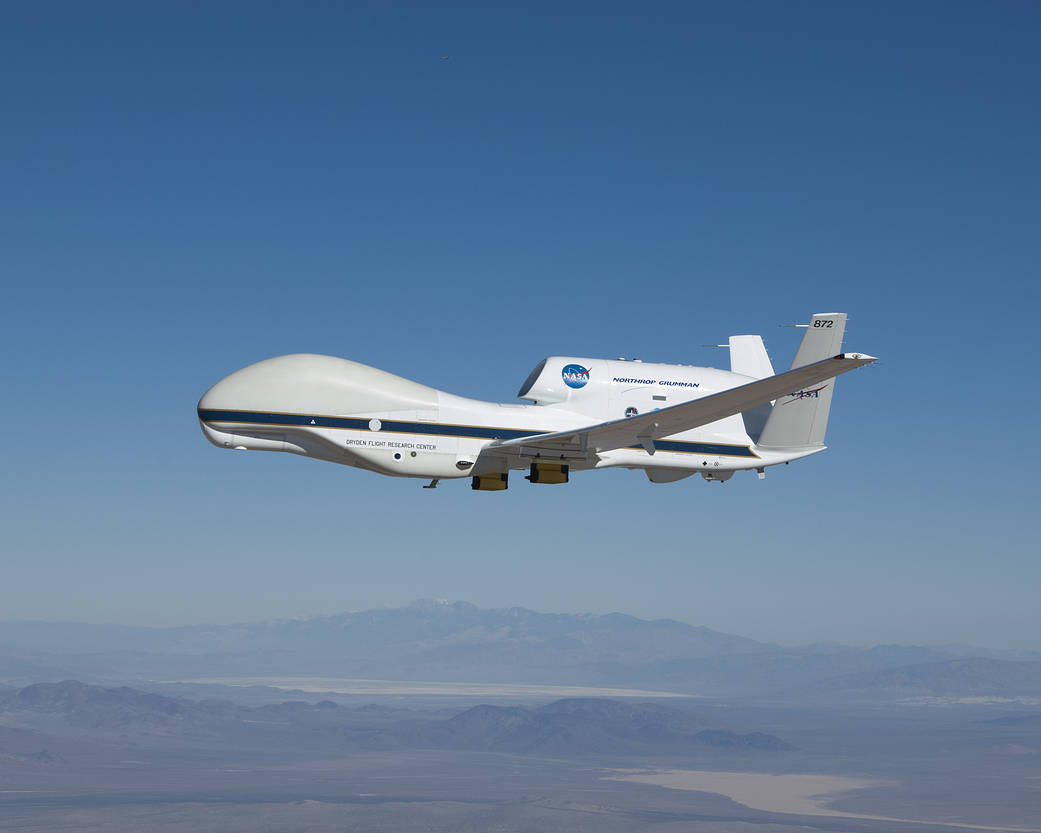 NASA Global Hawk 872 carries the Hawkeye sensors on wing-mounted pylons during a checkout flight of instruments for the 2014 ATT