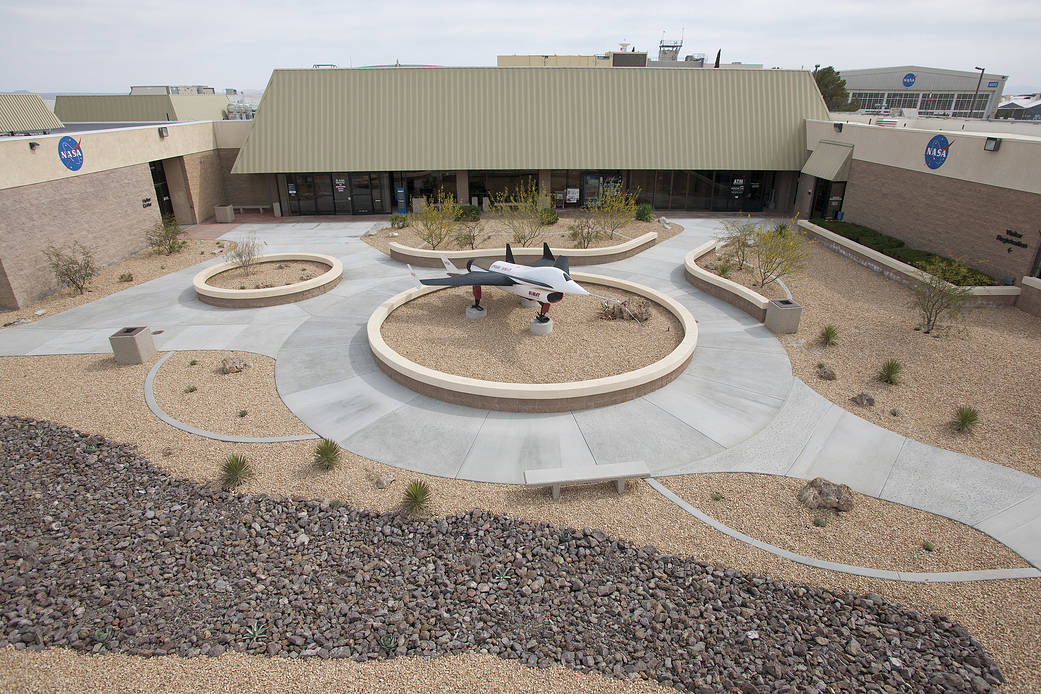 NASA's HIMAT on display in the the newly landscaped courtyard in front the Integrated Support Facility at NASA Armstrong.