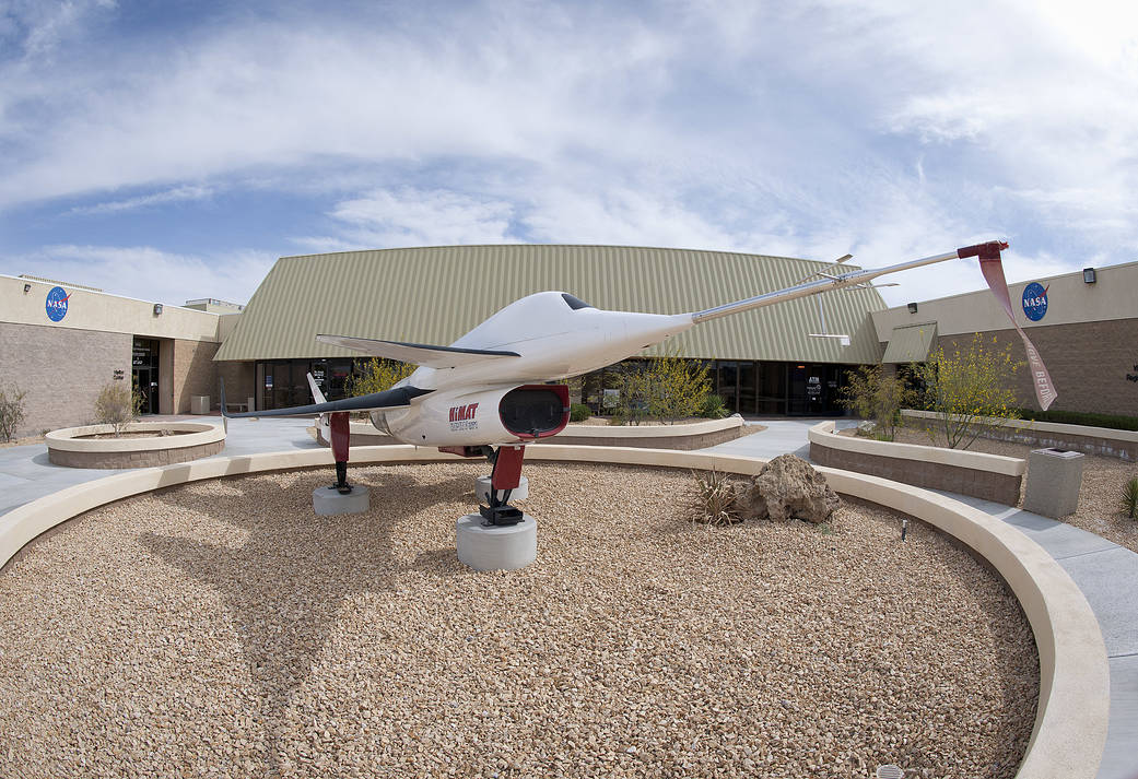NASA's remotely operated HiMAT research aircraft highlights the newly landscaped courtyard in front of NASA Armstrong.