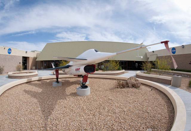 NASA's remotely operated HiMAT research aircraft highlights the newly landscaped courtyard in front of NASA Armstrong.