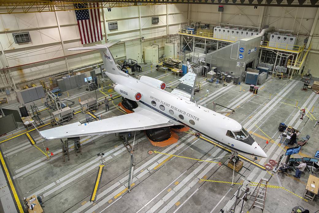 NASA’s G-III flying test bed aircraft rests on three pneumatic lifting devices in preparation for loads testing in NASA Armstr