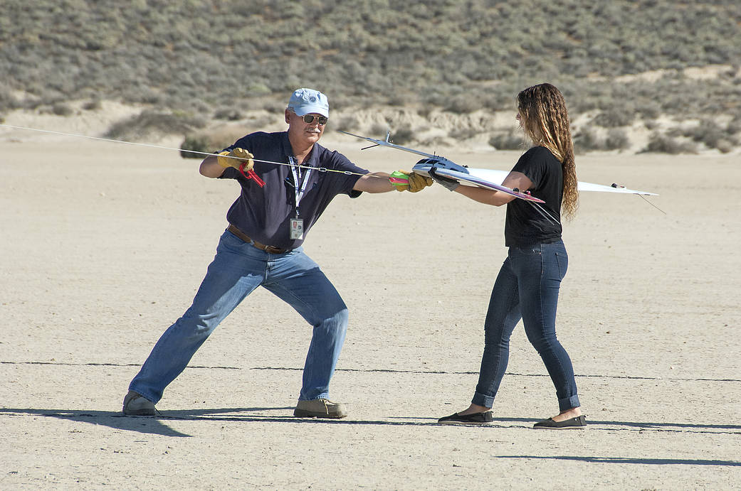 Program Manager and Intern Prep the PRANDTL-D Flying Wing for Flight