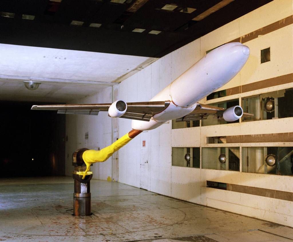 Model of an energy efficient transport sitting inside the 14x22 foot wind tunnel.