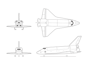 Multiple views of Space Shuttle illustration.