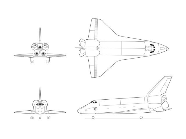 Multiple views of Space Shuttle illustration.