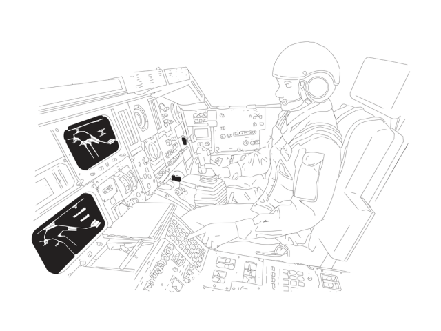 Shuttle pilot in cockpit illustration.
