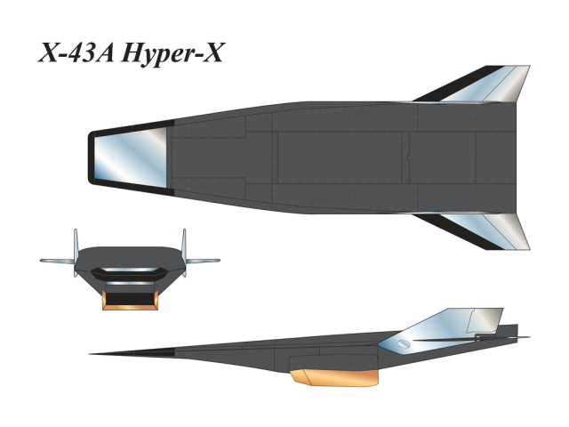3-view full color illustration of an X-43A.