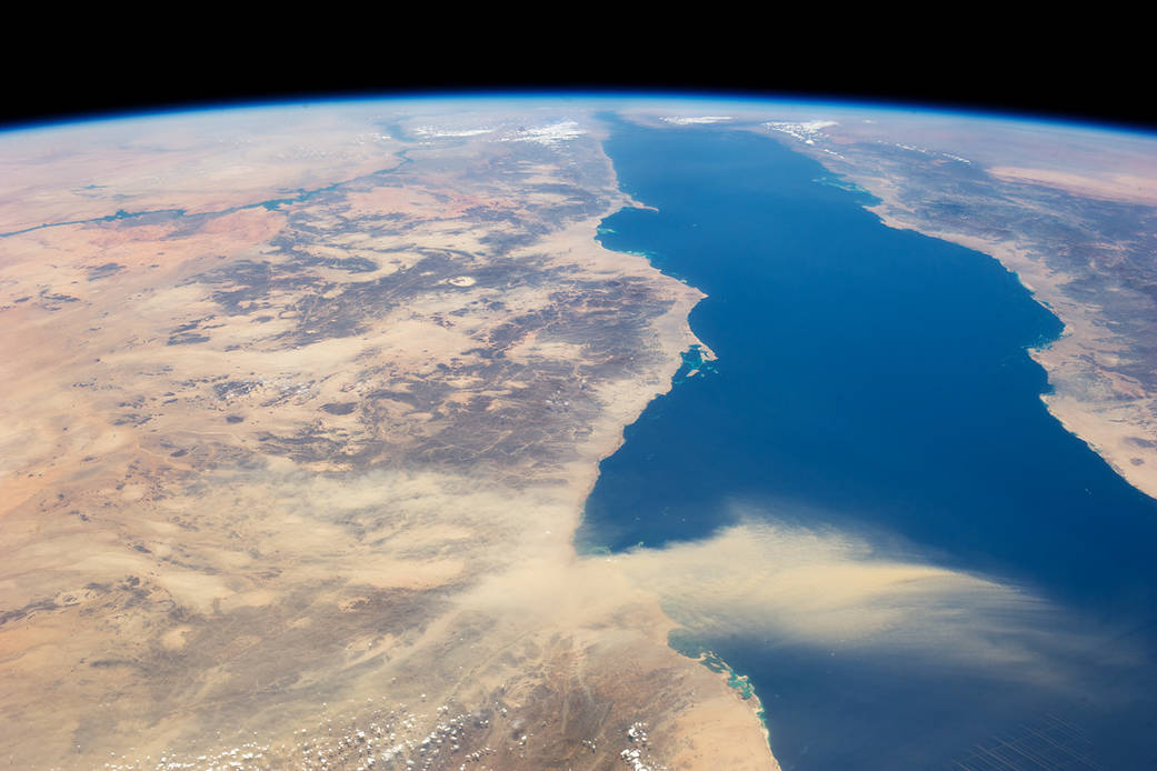 This astronaut photograph provides a panoramic view of most of the length of the Red Sea. The northernmost end, the Gulf of Suez